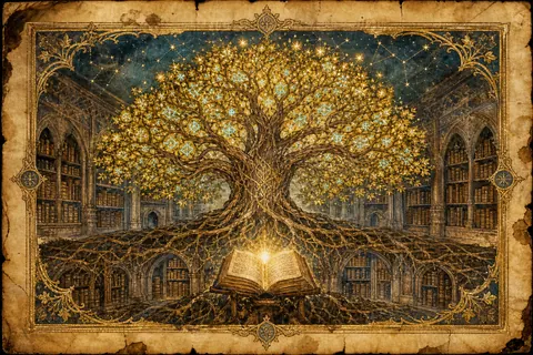 O Arquivo Arcano · iluminura da árvore do conhecimento sobre biblioteca antiga
